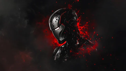 Armored cybernetic helmet emerges from red particulate burst