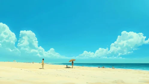 Wide-angle coastal panorama depicts stylized beach under cumulus field