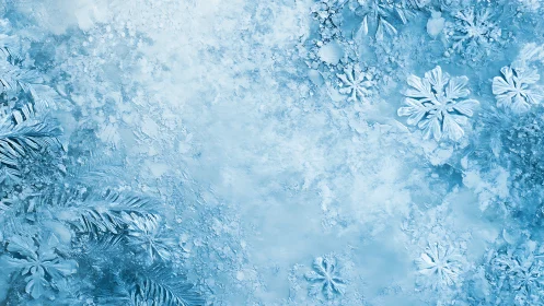 Gentle winter frost and snowflakes in a dreamy blue glow.