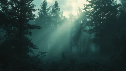 Misty Forest Canopy with Diffused Sunlight Filtering Through.