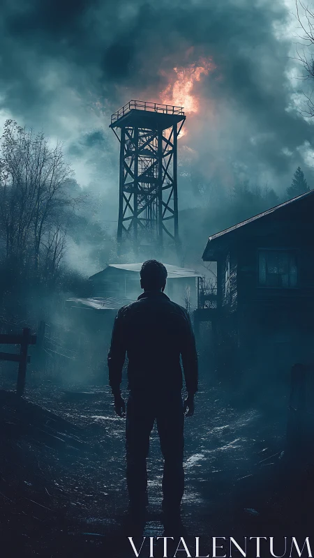 Backlit lookout tower inferno with silhouetted observer figure.