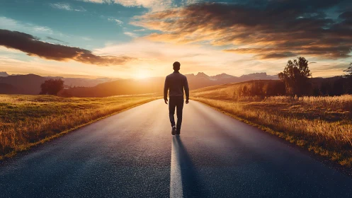 Solitary figure on rural asphalt road at luminous sunset horizon