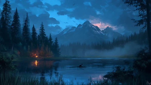 Cozy lakeside campfire glowing beneath misty blue peaks.