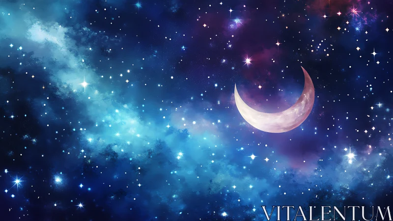 Curved crescent moon layered over dense nebular starfield gradient