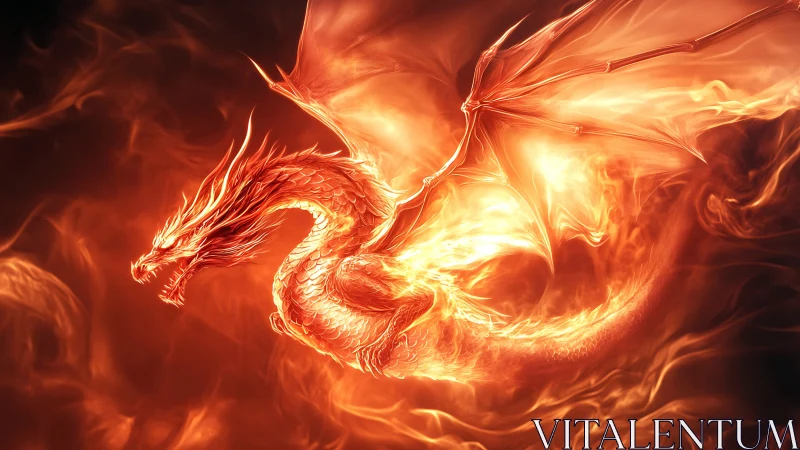 Digital painting of a luminous fire dragon in dynamic ascent.