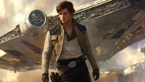 Roguish pilot strides from starship thrusters and rising smoke