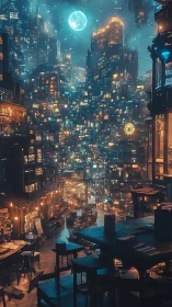 Nocturnal cybercity skyline under glowing teal moonlight.