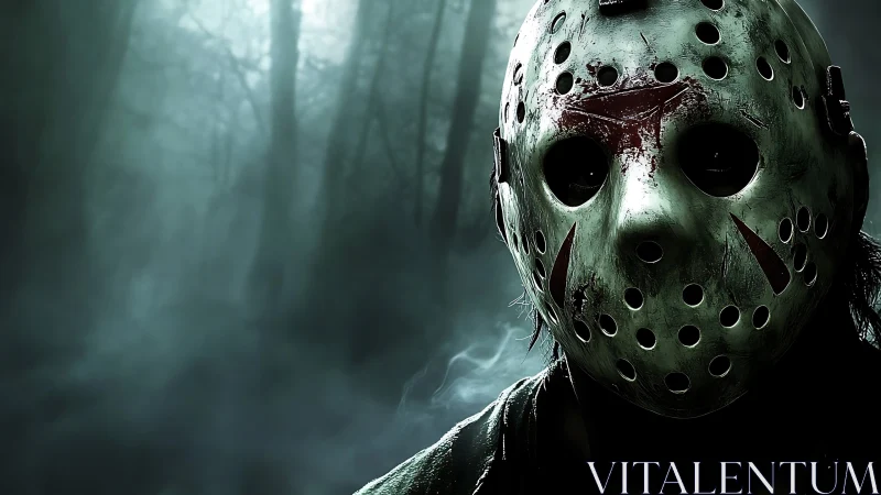 Hockey mask killer in foggy nightmare forest scene.