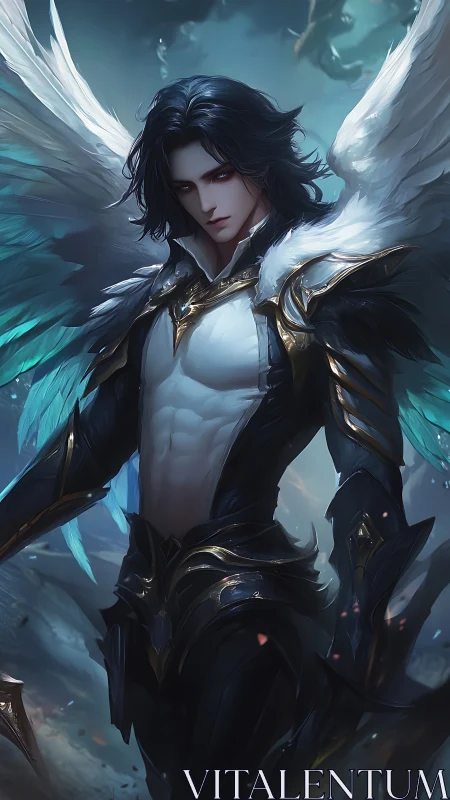 Dark-winged celestial warrior rendered in dramatic fantasy digital art