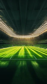 Sunlit soccer stadium ready for a bright matchday moment.