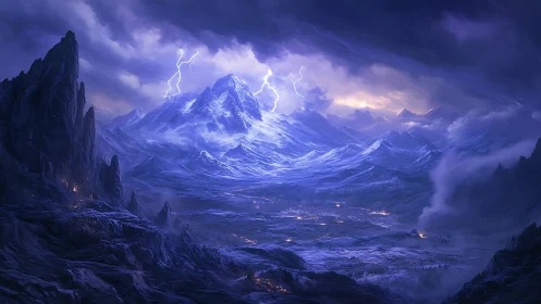 Moonlit thunder over a mysterious frozen mountain valley.