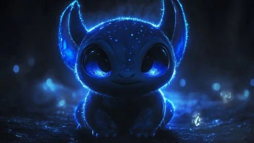 Glowing blue forest creature with huge curious eyes at night.