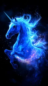 Celestial blue unicorn galloping through luminous stardust.