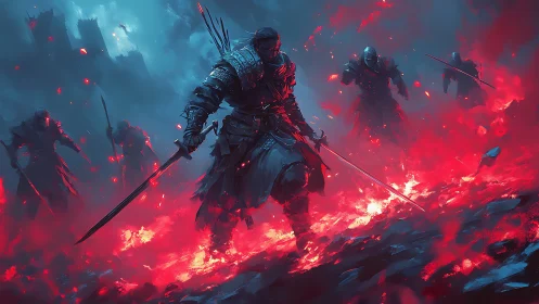 Armored swordsmen advance through red-illuminated battlefield