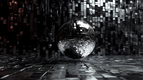 Reflective disco ball in futuristic metallic room, digital art style.