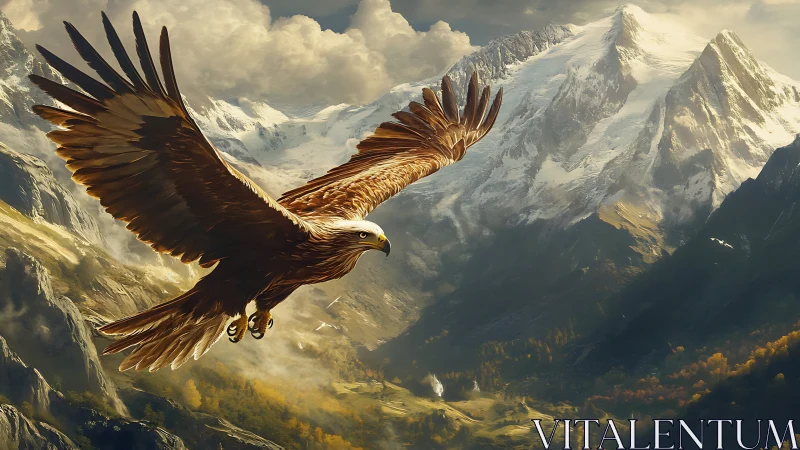 Majestic eagle soaring over snowy mountains in realistic digital art.