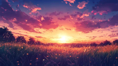 Sunset gold rush over wildflower fields and whispering sky.