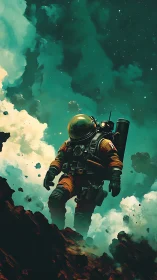 Solitary astronaut walking across rocky alien landscape.