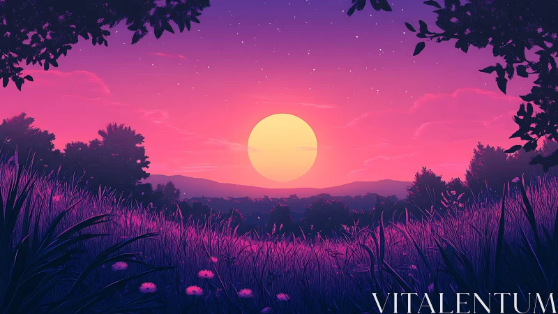 Sun disk over stylized hills framed by violet meadow