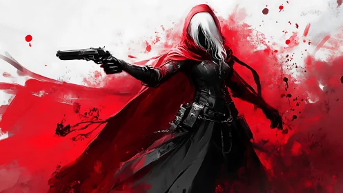 Hooded gunslinger in scarlet cloak amid bloodred spray.