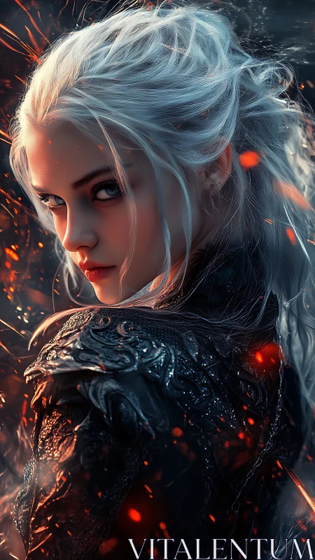 White haired warrior in embers with ornate black armor gaze