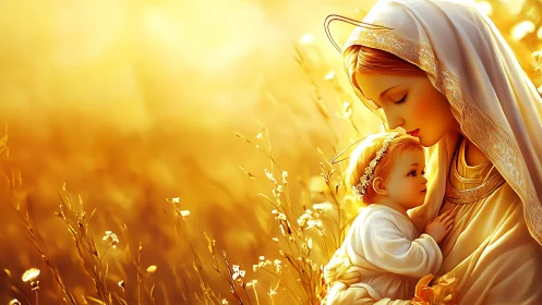 Mother holding infant in golden pastoral light field.