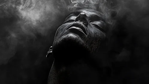 Ebon visage rising through smoke, poised between shadow realms.