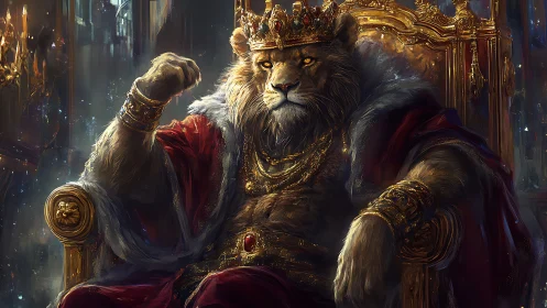 Regal lion monarch seated on ornate golden throne.