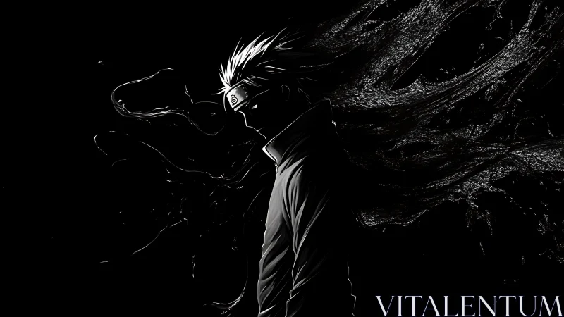 Shadowed ninja stands calm against swirling darkness.