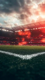 Floodlit football corner glows under dramatic sunset sky