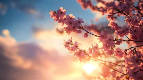 Backlit cherry blossoms under low-angle solar illumination.