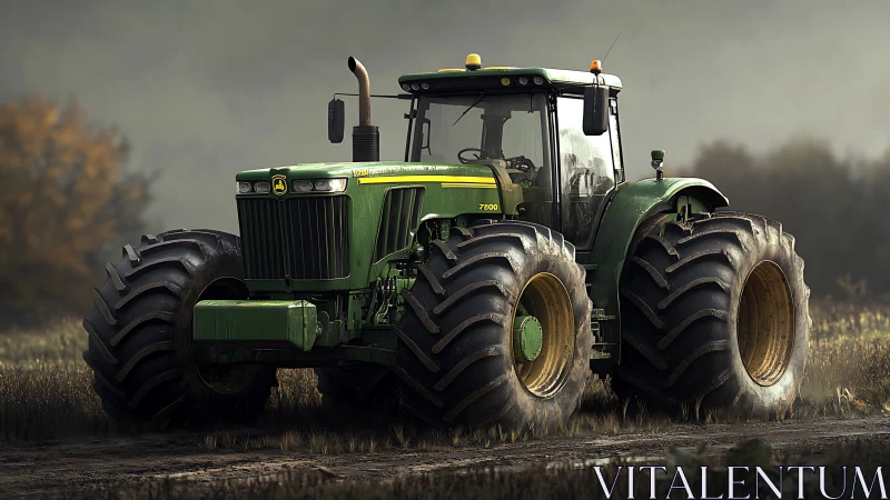 Quad-wheel green agricultural tractor in misty field light