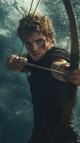 Young male archer pulls bowstring amid stormy water backdrop