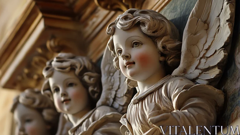 Baroque polychrome cherub sculptures with carved feathered wings