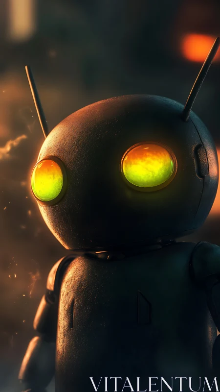 Glow-eyed dusk robot in ember-specked cinematic haze.