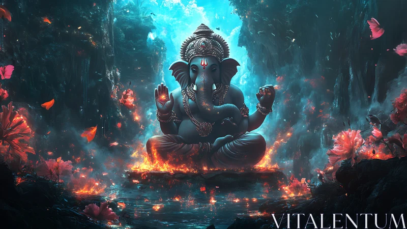 Ganesha statue in glowing cavern with floating petals.
