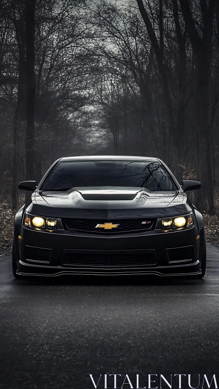 Black Chevrolet muscle car confronts viewer on misty forest road