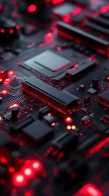 Neon-lit black circuit board reveals dense microchip network.