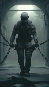 Chained ghost-ops soldier marching from the toxic gloom.