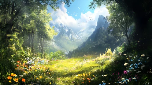Sunlit meadow gate into whispering crystal mountains.