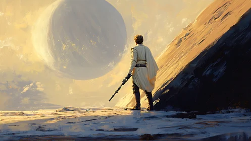 Lone robed wanderer studies colossal pale planet at dusk