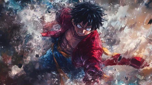 Storm-charged anime hero surging through a wild canvas.