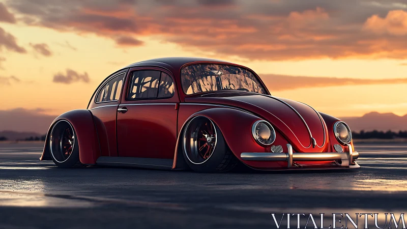 Sunset glow wraps a classic red beetle in sleek calm