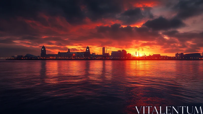 Fiery waterfront skyline glows gently against the dark clouds