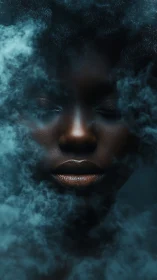 Portrait in teal smoke with luminous closed-eye serenity.