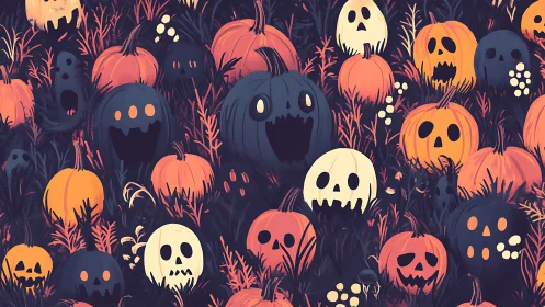 Halloween pumpkin field pattern with stylized ghost faces.