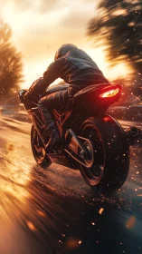 Motorcyclist rides sport bike on wet road at sunset
