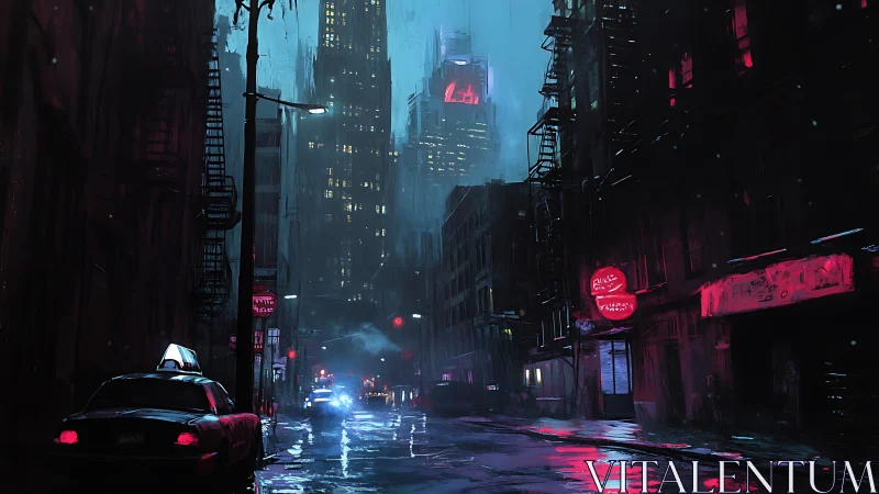 Rain-soaked neon city street glows under midnight storm.