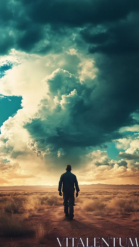 Solitary figure under towering cumulonimbus over desert track.