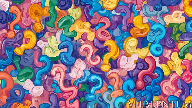 Colorful question marks overlap in dense painted pattern